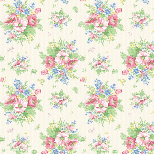 Benartex April’s Garden Charming Fabric by April Cornell | Pink Blue Green Floral Bouquets | 43/44” Wide Quilting Cotton