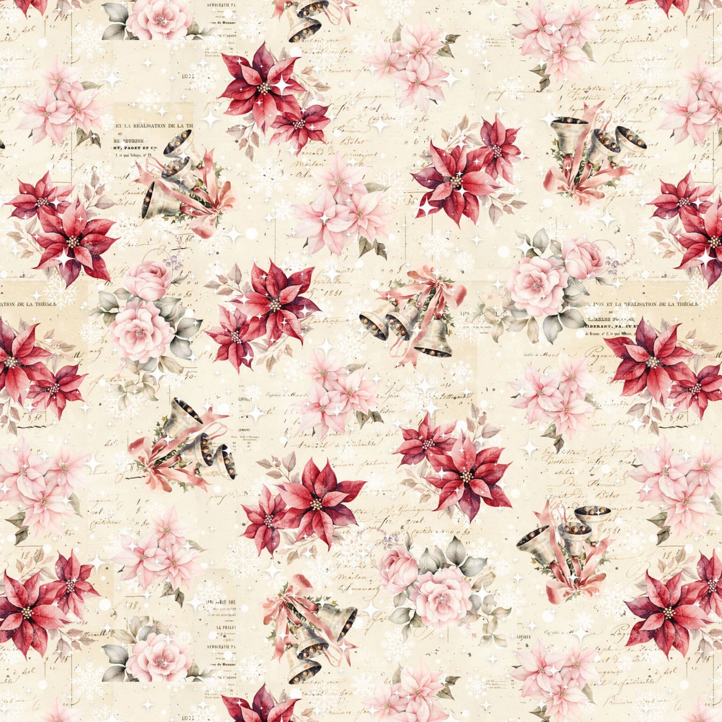 Poinsettias & Bells Fabric by the Yard | Vintage Christmas Quilting Cotton | 44 Inch Wide