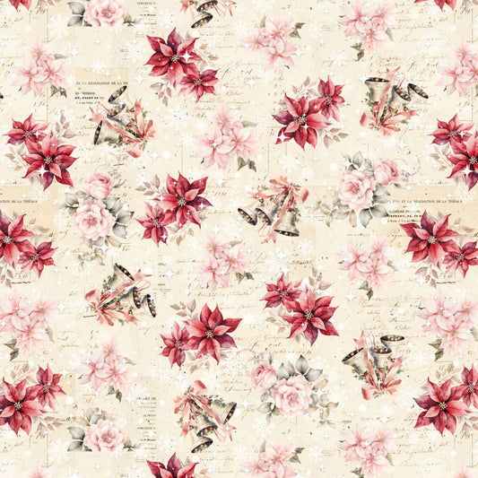 Poinsettias & Bells Fabric by the Yard | Vintage Christmas Quilting Cotton | 44 Inch Wide