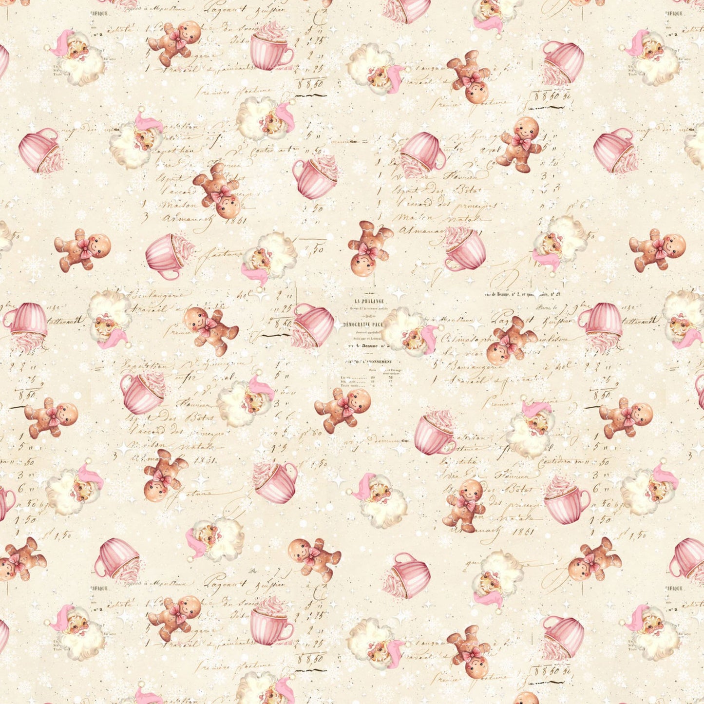 Gingerbread & Cocoa Cups Fabric by the Yard | Pink Christmas Quilting Cotton | 44 Inch Wide