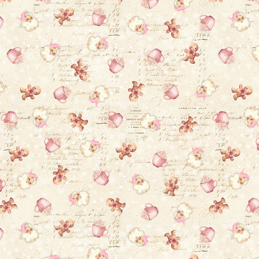 Gingerbread & Cocoa Cups Fabric by the Yard | Pink Christmas Quilting Cotton | 44 Inch Wide