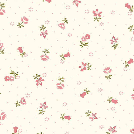 Charlotte Ditsy Floral Fabric by Clothworks – Pink Flowers on Cream | 100% Cotton Quilt Fabric | 43/44” Wide
