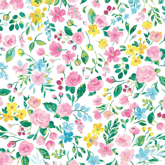 Ethereal Garden Digital Cotton, Pink, Blue, Yellow Floral Quilt Fabric