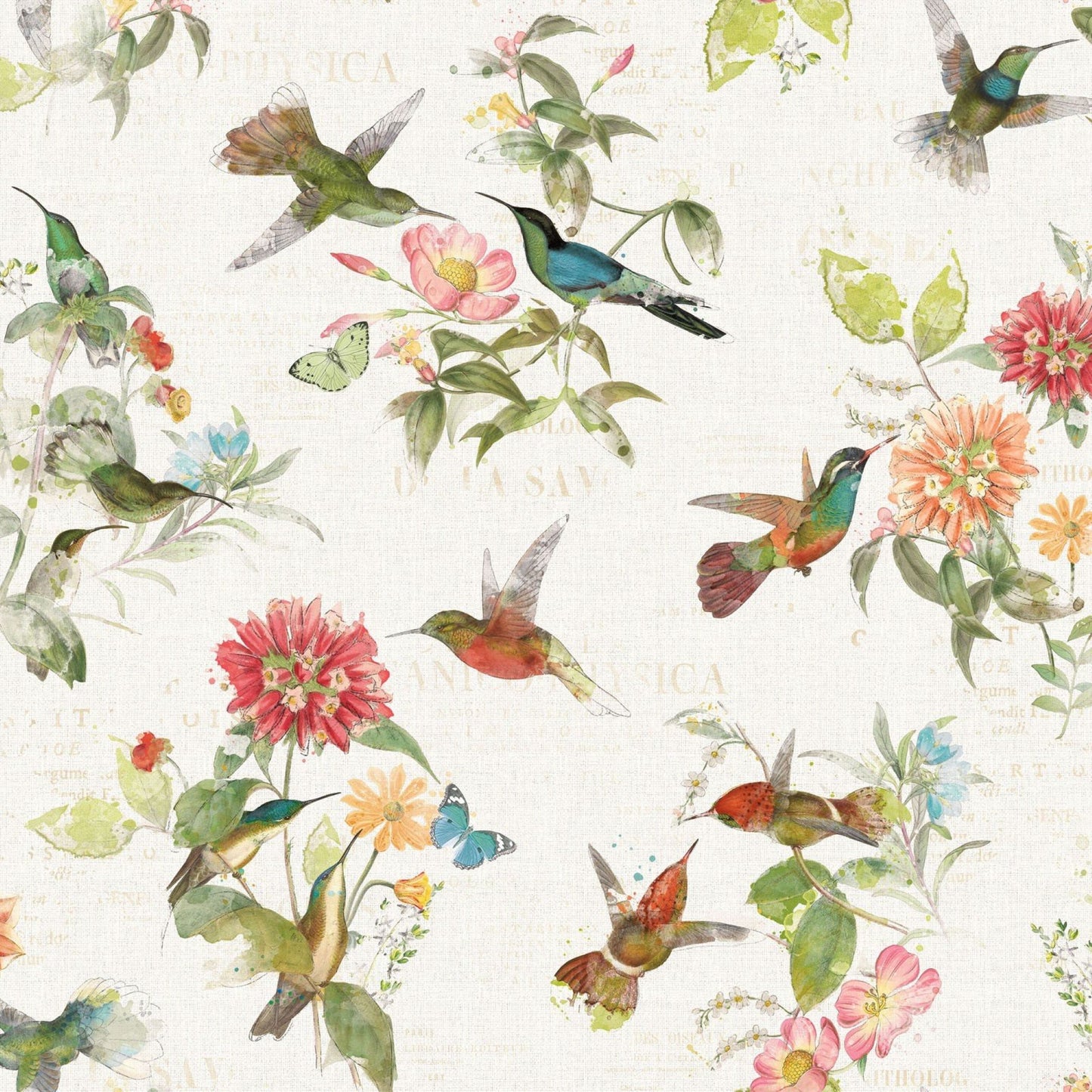 Hummingbird Toile Cotton Fabric – Floral Bird Print | Clothworks Light Cream Background