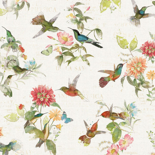 Hummingbird Toile Cotton Fabric – Floral Bird Print | Clothworks Light Cream Background