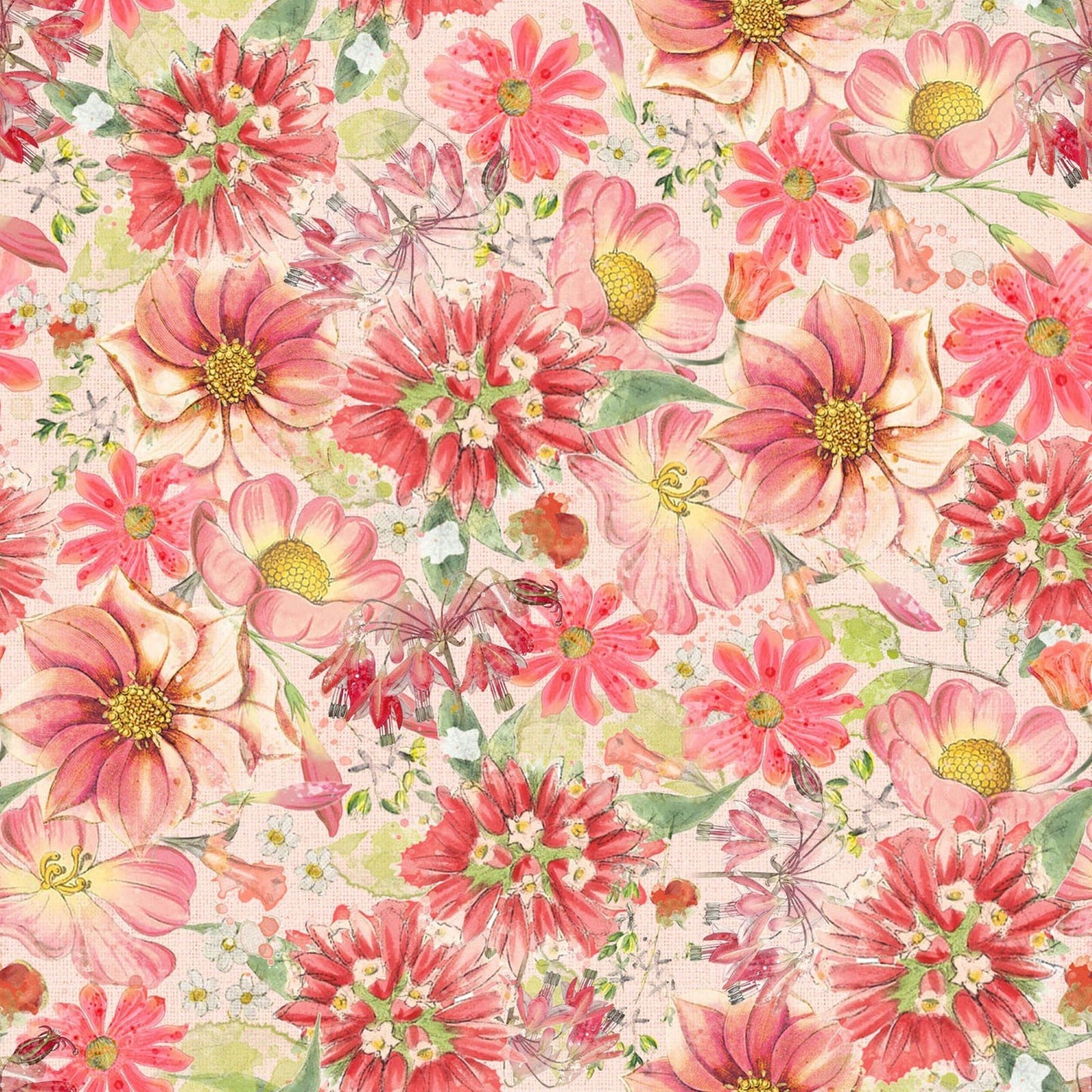 Hummingbird Days Packed Floral Coral Fabric | Clothworks Floral Cotton