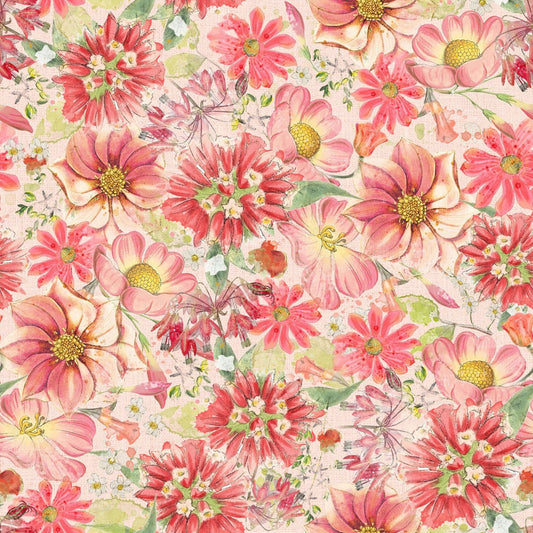 Hummingbird Days Packed Floral Coral Fabric | Clothworks Floral Cotton