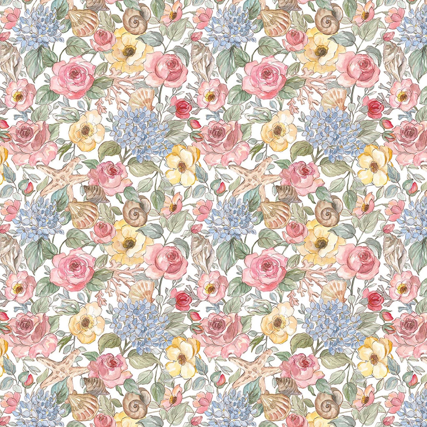 Coastal Floral Fabric – Packed Pastel Flower & Seashell Print | Clothworks Cotton Blend