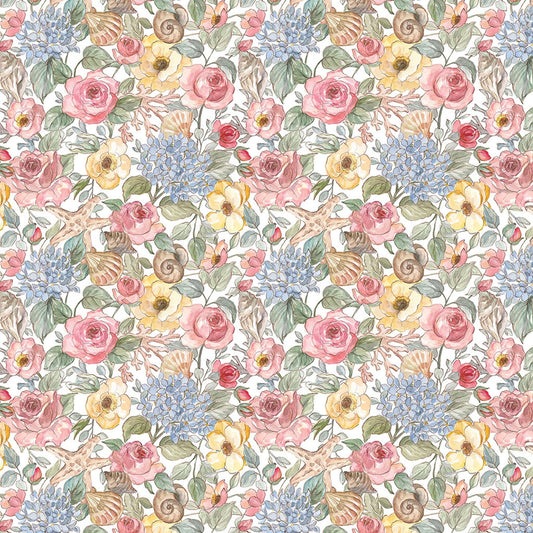Coastal Floral Fabric – Packed Pastel Flower & Seashell Print | Clothworks Cotton Blend