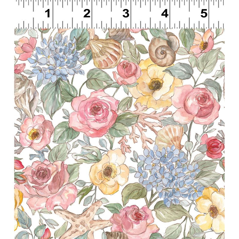Coastal Floral Fabric – Packed Pastel Flower & Seashell Print | Clothworks Cotton Blend
