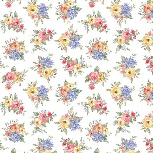 Coastal Floral Fabric – Cottage Tossed Flower Print | Clothworks White Cotton Blend