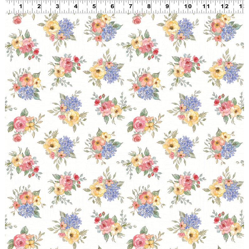 Coastal Floral Fabric – Cottage Tossed Flower Print | Clothworks White Cotton Blend