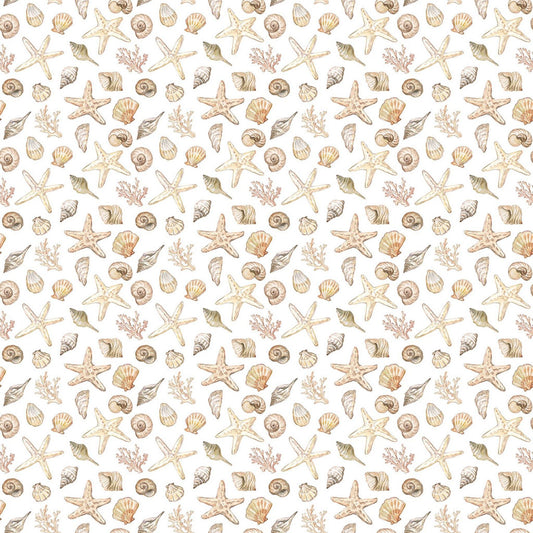 Coastal Cottage Seashell Quilting Fabric, Beach Theme Cotton Fabric