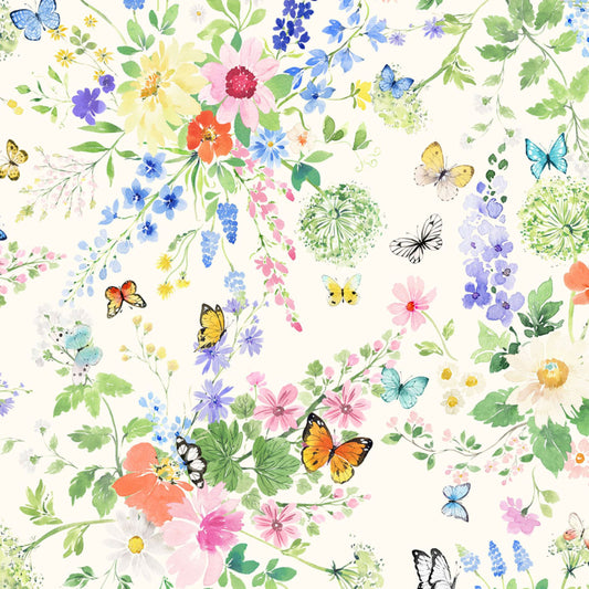 Clothworks Sunlit Sonnet Bouquets Cotton Fabric | Floral Butterfly Fabric by the Yard