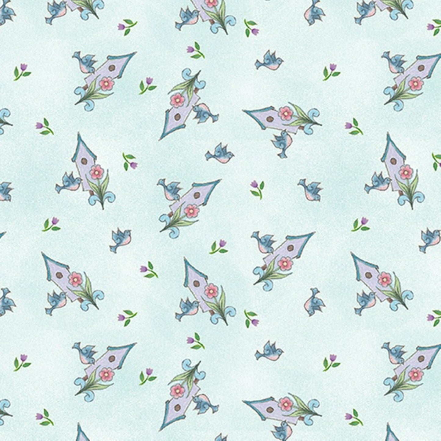 Garden Angels Fabric – Tossed Birdhouses on Light Turquoise by Jim Shore for Benartex