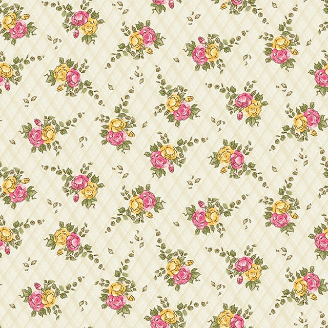 Young of the Year Floral Quilt Fabric by Henry Glass – Pink & Yellow Blossoms on Cream, 100% Cotton Quilting Fabric, 45” Wide