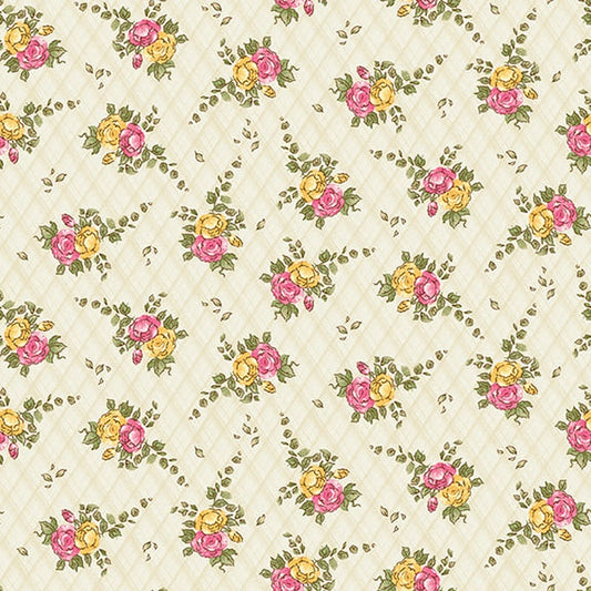 Young of the Year Floral Quilt Fabric by Henry Glass – Pink & Yellow Blossoms on Cream, 100% Cotton Quilting Fabric, 45” Wide