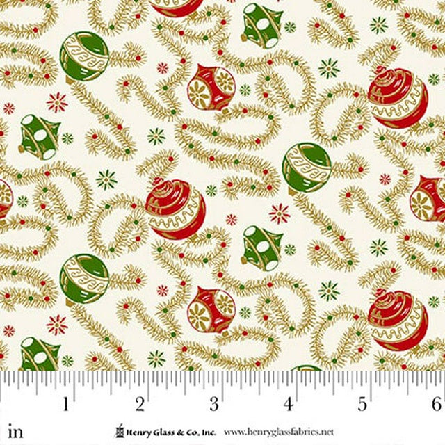 Santa’s Coming to Town Fabric by Henry Glass – Christmas Ornament & Tinsel Garland Cotton, 45” Wide Holiday Quilt Fabric