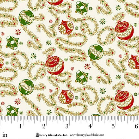 Santa’s Coming to Town Fabric by Henry Glass – Christmas Ornament & Tinsel Garland Cotton, 45” Wide Holiday Quilt Fabric