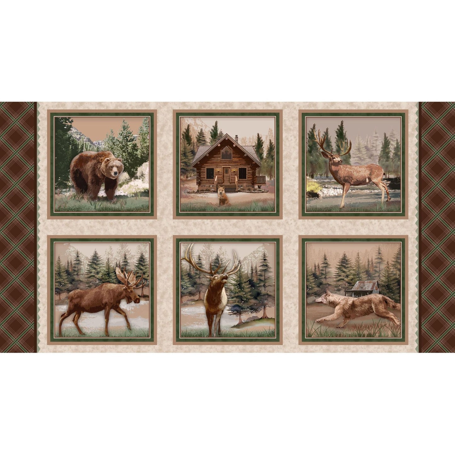 Henry Glass Majestic Mountainside Quilting Blocks Panel – Rustic Wildlife Cabin Cotton Fabric