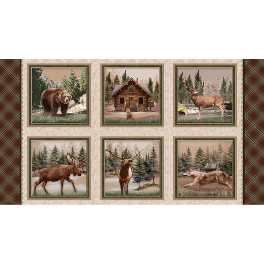 Henry Glass Majestic Mountainside Quilting Blocks Panel – Rustic Wildlife Cabin Cotton Fabric