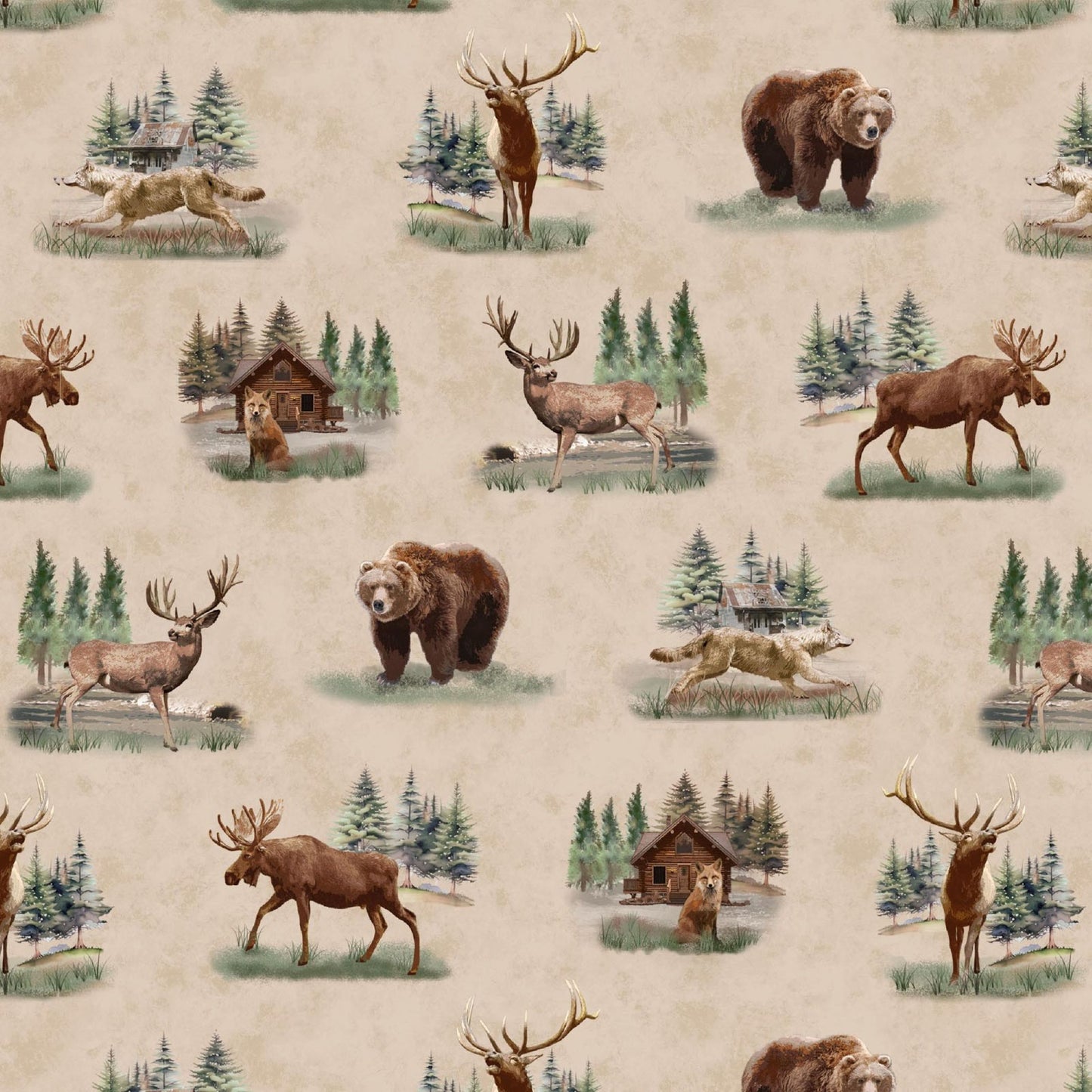 Henry Glass Majestic Mountainside Quilting Cotton Fabric – Rustic Wildlife Cabin Fabric