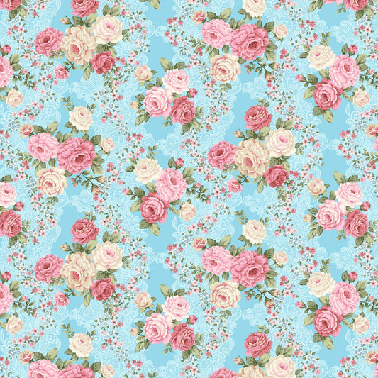 My Victorian Garden by Henry Glass – Romantic Rose Cotton Fabric in Soft Pink, Blue & Green