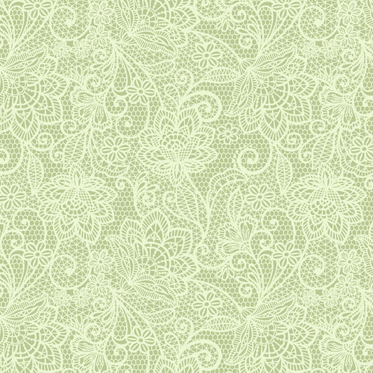 My Victorian Garden by Henry Glass – Romantic Lace Print Cotton Fabric Collection in Soft Green