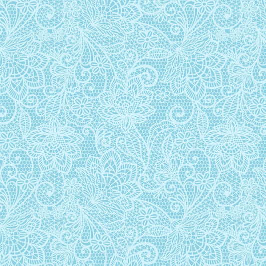 My Victorian Garden by Henry Glass – Romantic Lace Print Cotton Fabric in Soft Blue