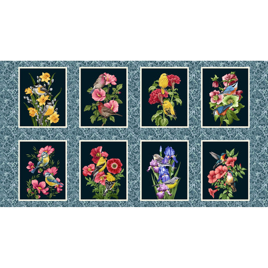 Garden Symphony Fabric by Henry Glass – Bright Floral Cotton Blocks Panel with Daffodils, Peony, Irises and Birds - Spring Quilt Fabric