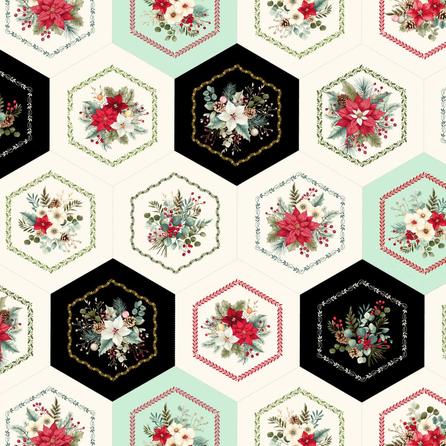 Henry Glass Sweet Christmas Memories Hexie Flower Cheater Fabric