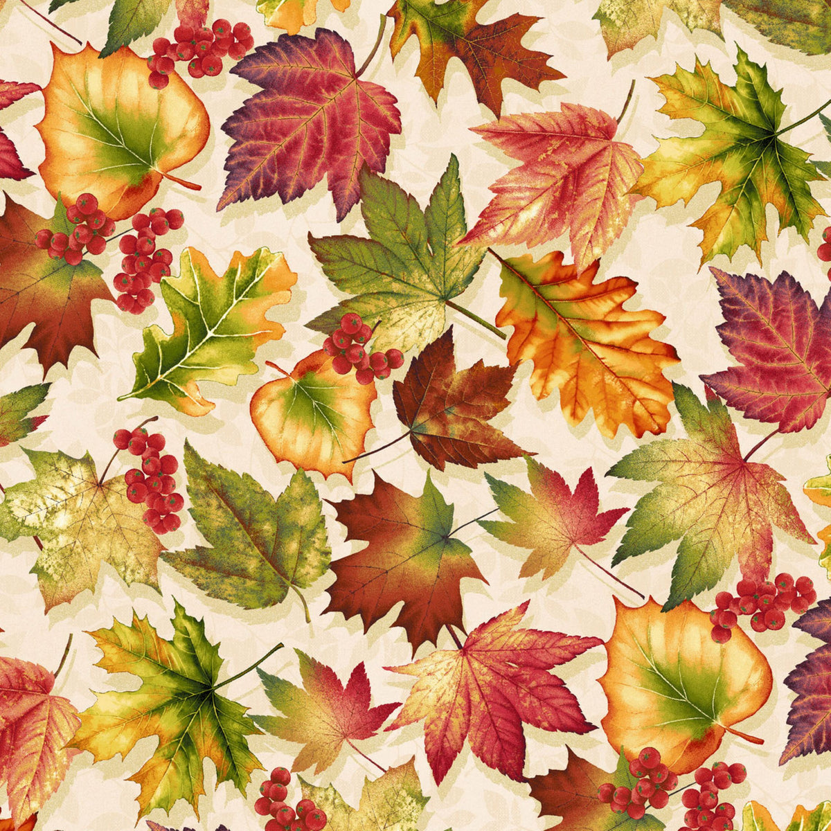 Henry Glass Oak & Berries Leaf Toss Fall Fabric by the Yard