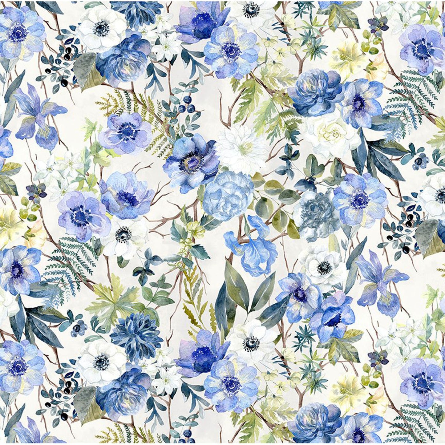 Sanctuary Floral Fabric by the Yard | Blue Watercolor Floral Cotton Fabric