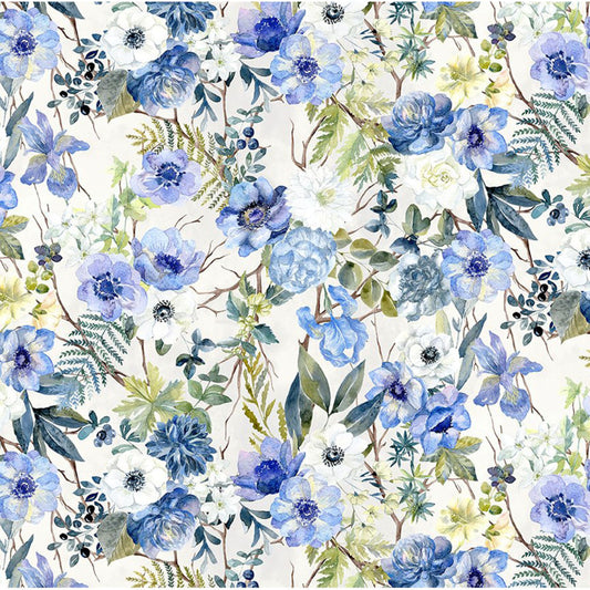 Sanctuary Floral Fabric by the Yard | Blue Watercolor Floral Cotton Fabric