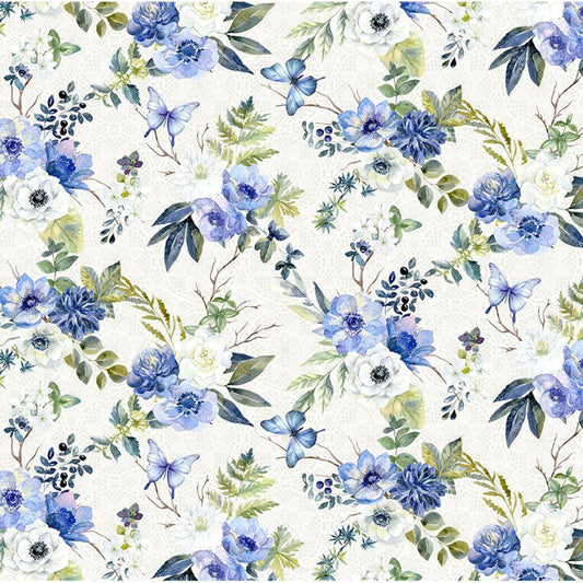 Sanctuary Lace Floral Fabric by the Yard | Blue Butterfly Floral Cotton Fabric