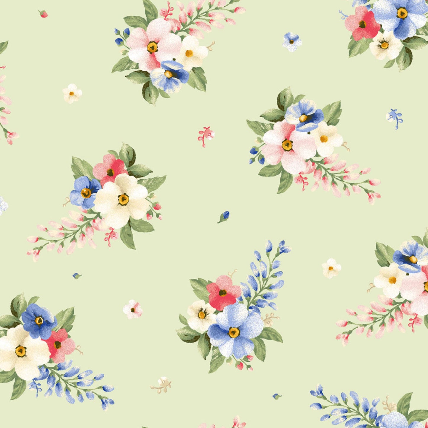 Windflower Green Floral Fabric – Vintage Small Tossed Flowers Quilting Cotton
