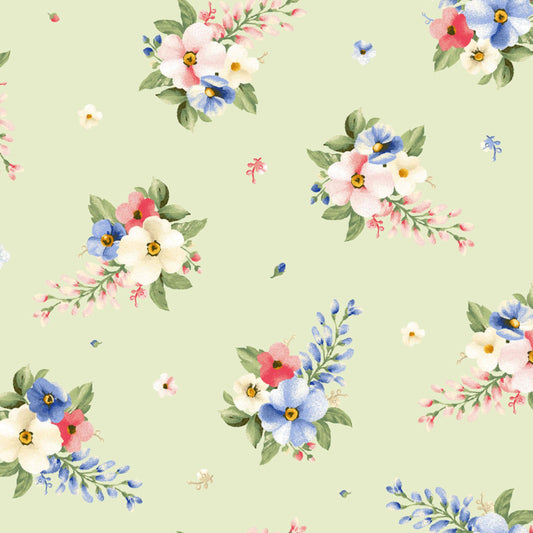 Windflower Green Floral Fabric – Vintage Small Tossed Flowers Quilting Cotton