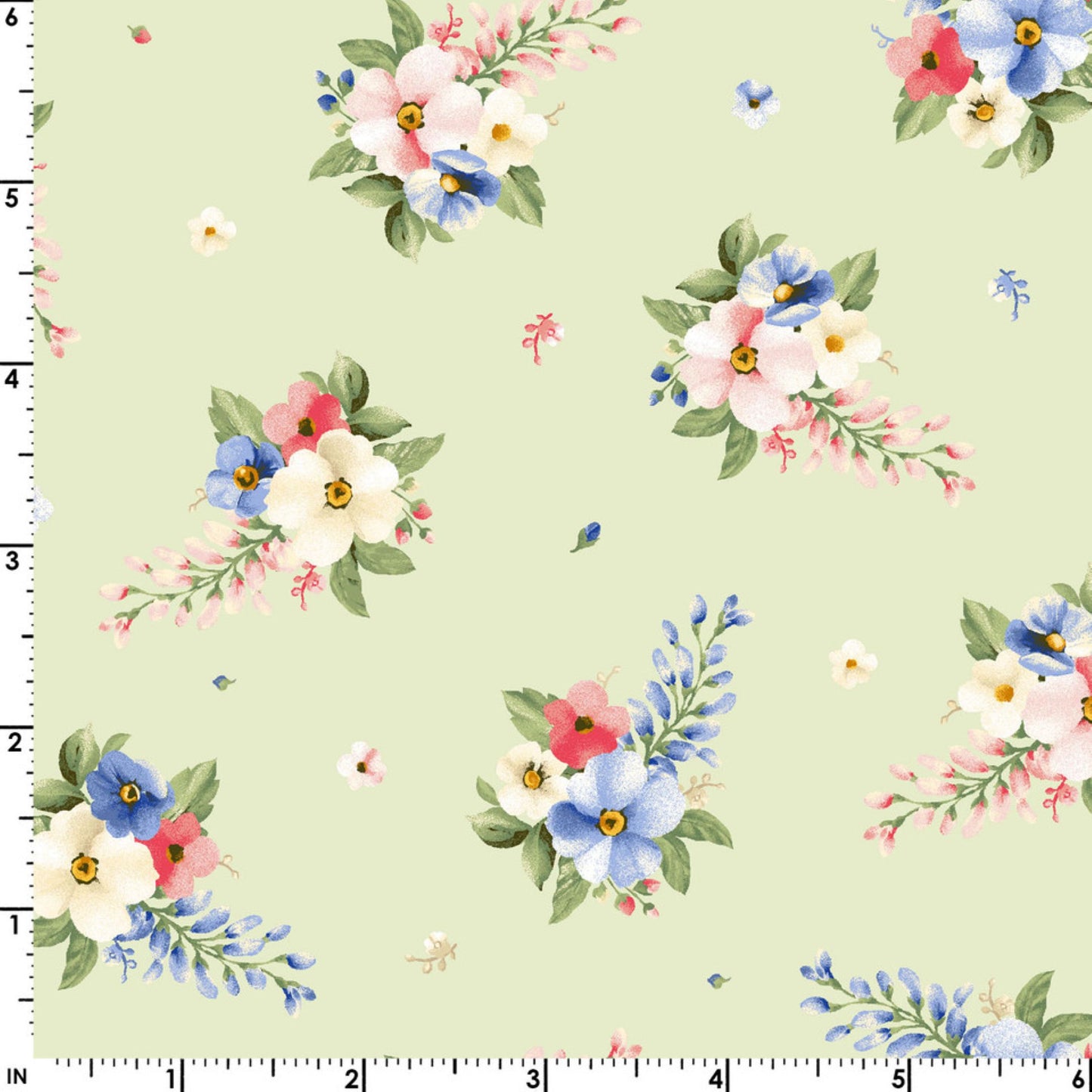 Windflower Green Floral Fabric – Vintage Small Tossed Flowers Quilting Cotton