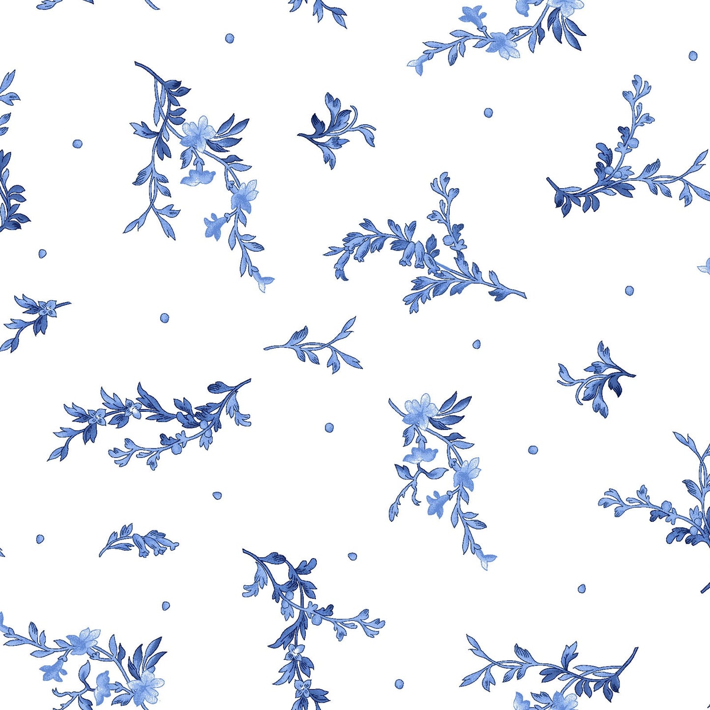 Maywood Studios Blue Belle Fabric – Tossed Blue Floral Sprigs on White | 100% Cotton Quilting Fabric