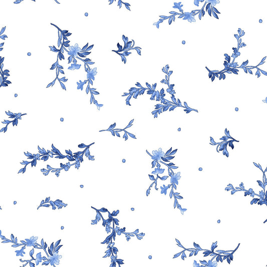 Maywood Studios Blue Belle Fabric – Tossed Blue Floral Sprigs on White | 100% Cotton Quilting Fabric