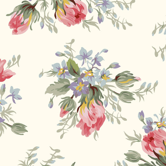 Maywood Studio Marlowe Bouquet Fabric – Cream Red Gray Vintage Floral Cotton | 43/44" Quilt Fabric