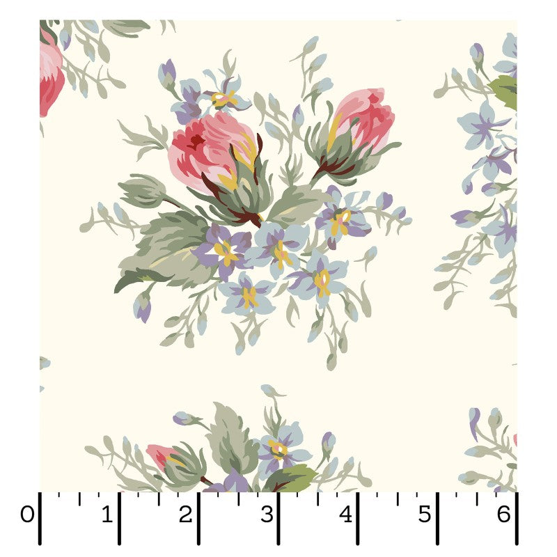 Maywood Studio Marlowe Bouquet Fabric – Cream Red Gray Vintage Floral Cotton | 43/44" Quilt Fabric