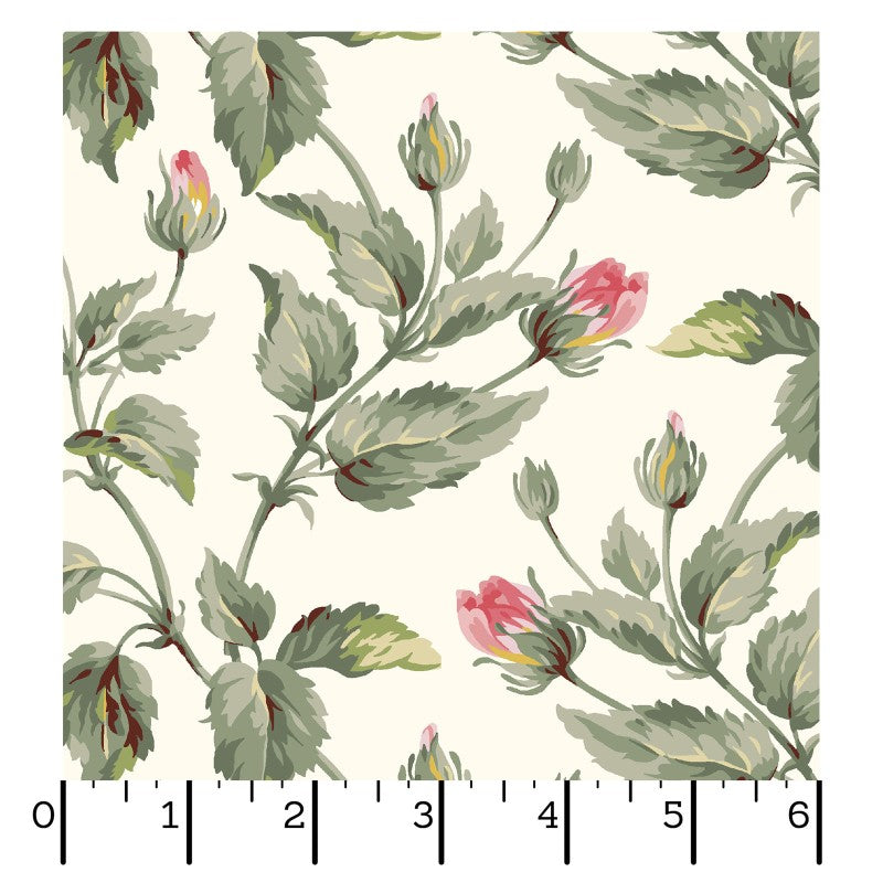 Maywood Studio Marlowe Leaves & Buds Fabric – Cream Red Gray Floral Cotton | 43/44" Quilt Fabric