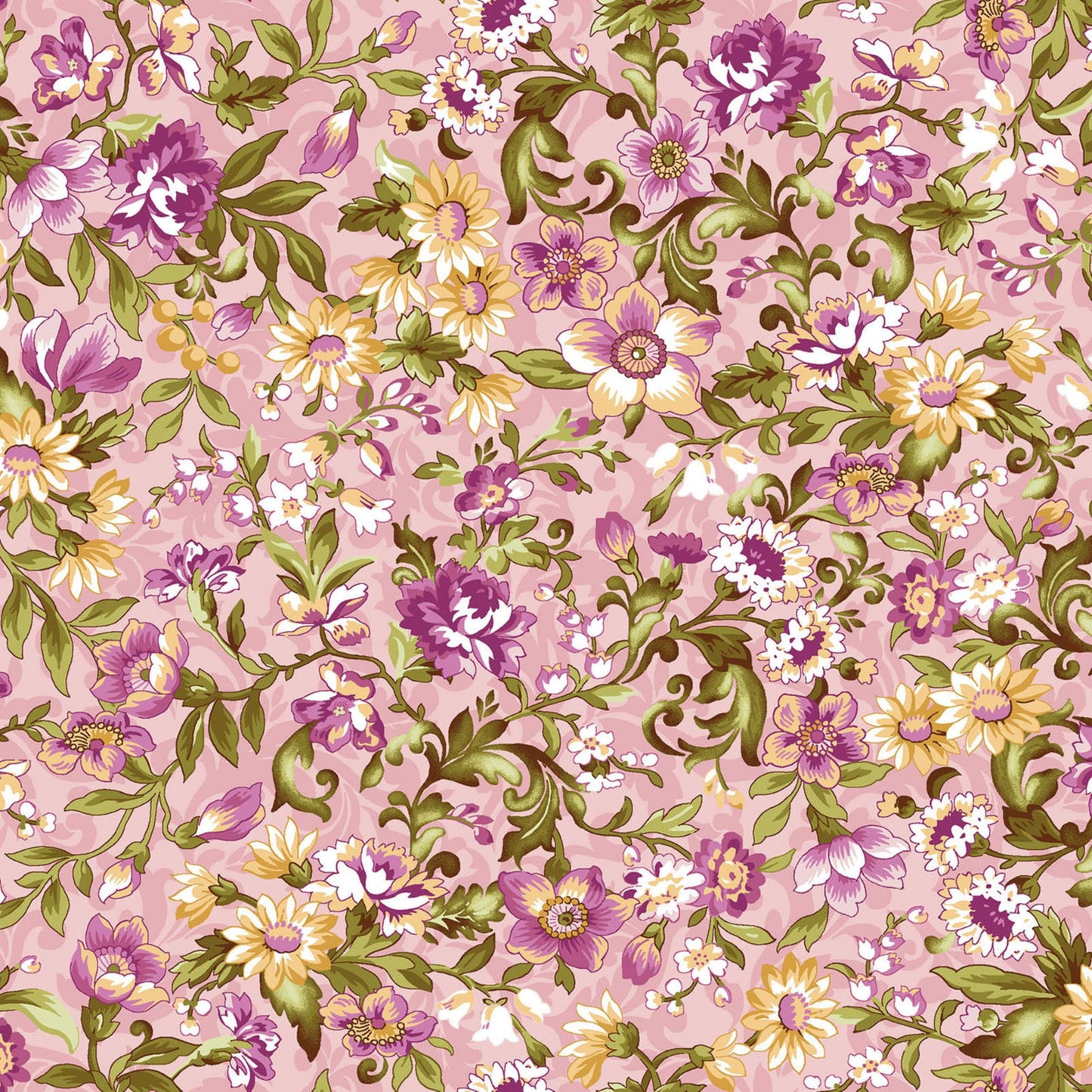 Floral Cotton Fabric, Pink Scroll And Vine Print, 44 Inches Wide