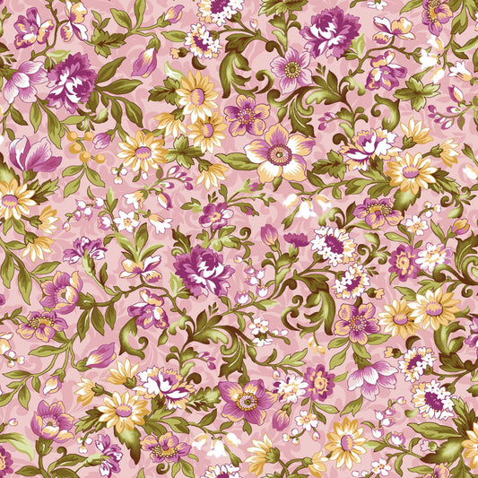 Floral Cotton Fabric, Pink Scroll And Vine Print, 44 Inches Wide