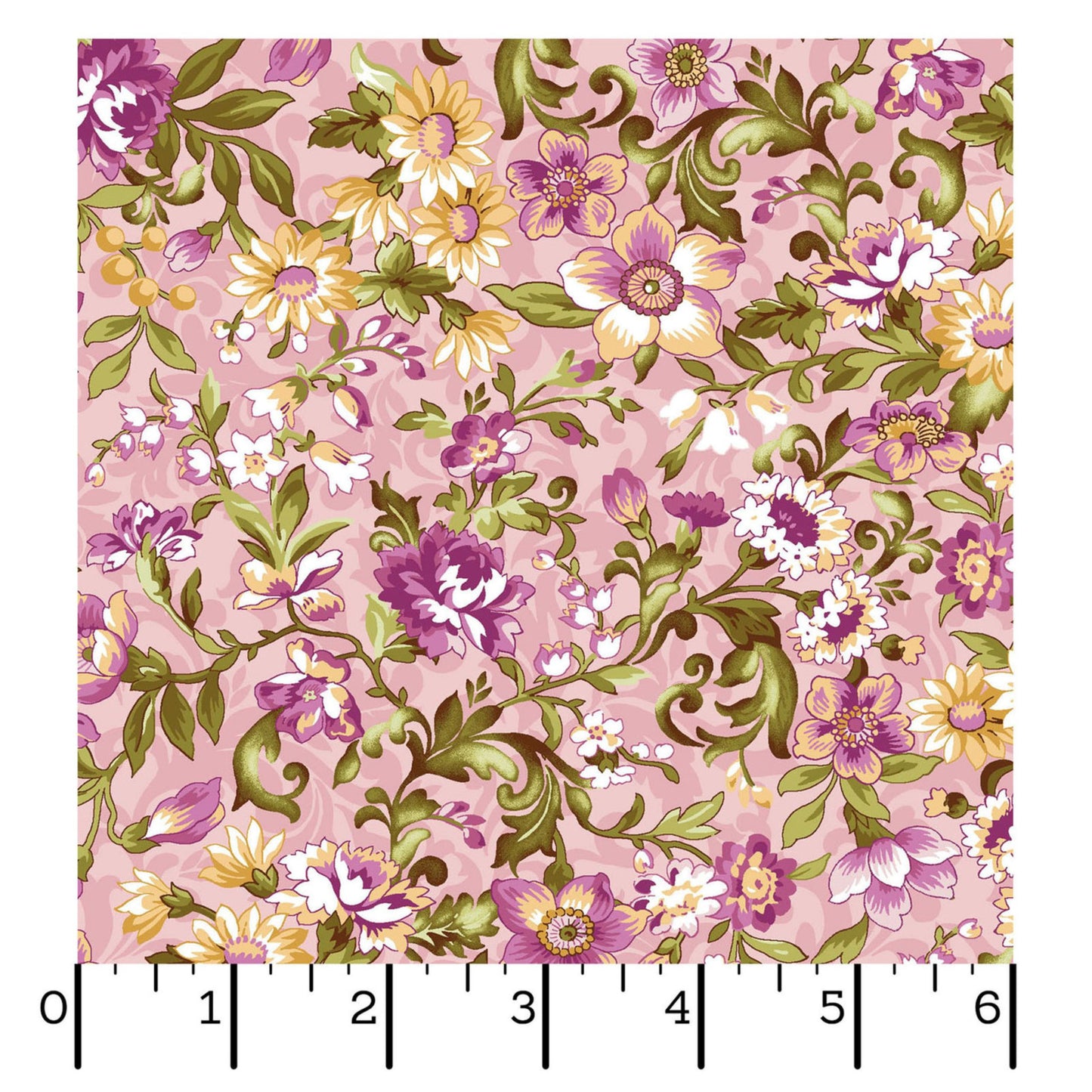 Floral Cotton Fabric, Pink Scroll And Vine Print, 44 Inches Wide