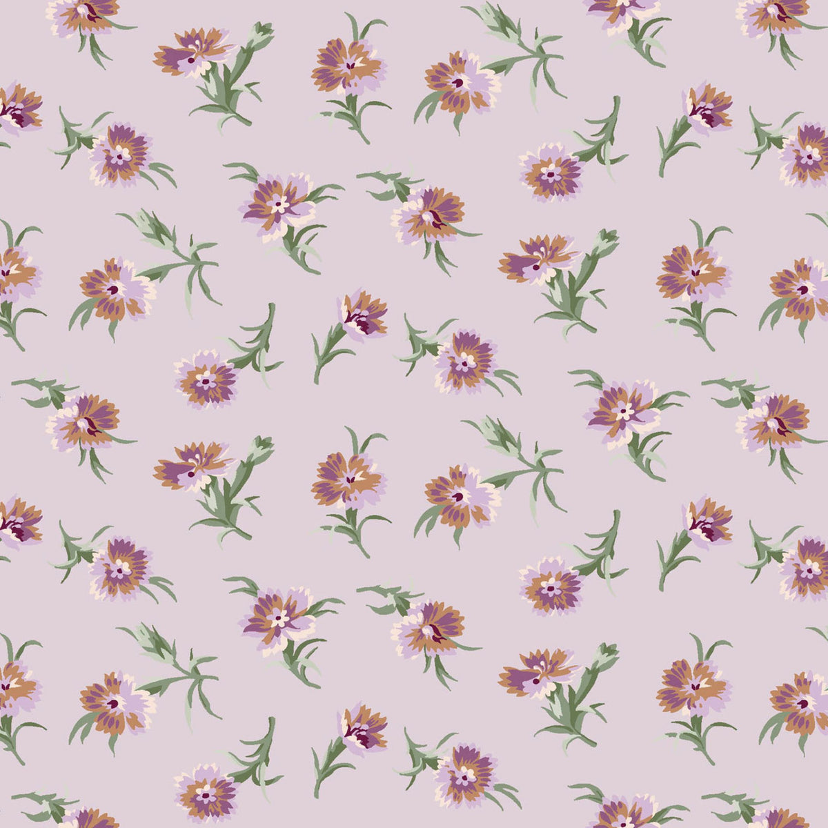 Courtland Tossed Carnations Soft Violet Quilting Cotton Fabric.