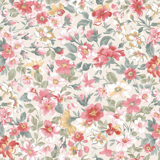 Maywood La Fleur Flannel – Packed Floral Cream | Multicolor Vintage Garden Flowers | 100% Cotton Flannel Fabric
