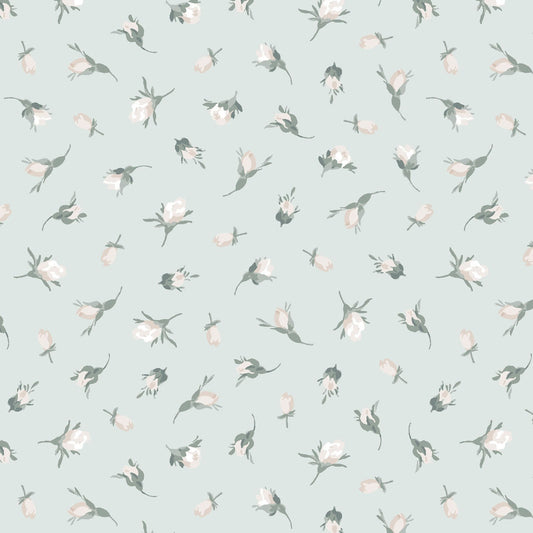 Maywood Studio La Fleur Flannel – White Rosebuds on Light Blue Green | 100% Cotton Blender Flannel Fabric