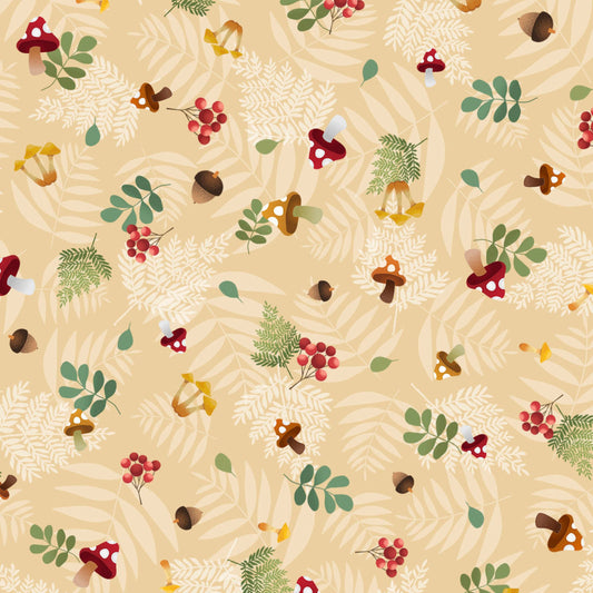 Fablewood Mushroom Tossed Fabric by the Yard | Woodland Cotton Fabric